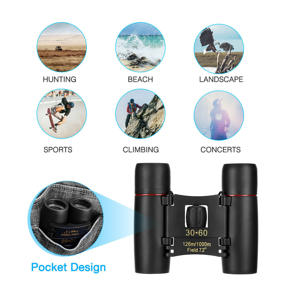30x60 Compact Zoom Binoculars Travel Telescope